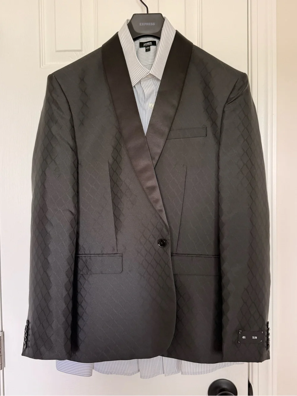 Express Men's Black Diamond-Pattern Satin Shawl Lapel Blazer
